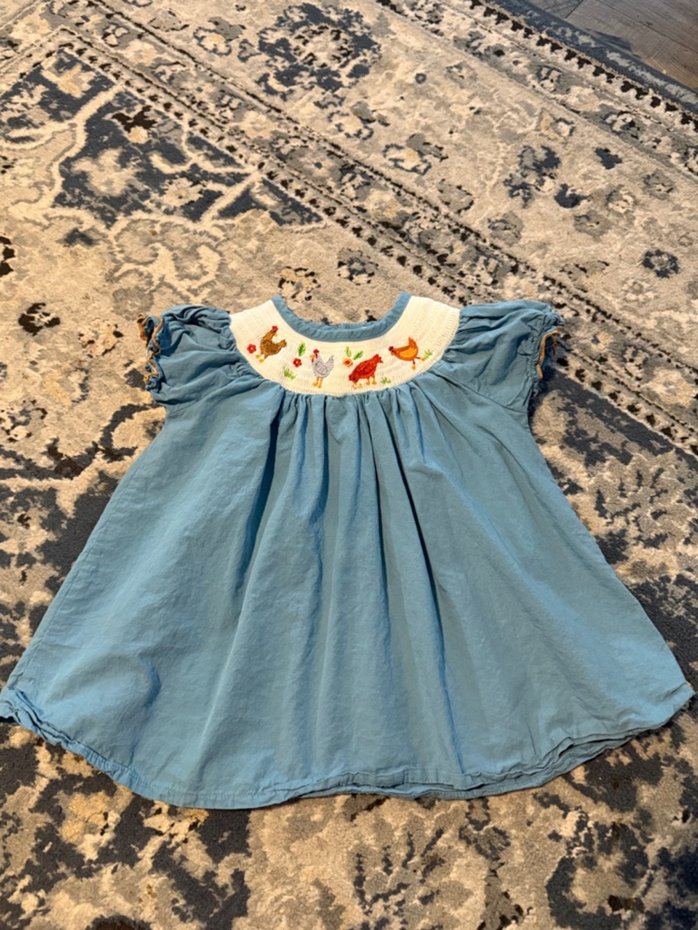 Light Blue Smocked Yoke Girls' Dress with Chick Embroidery